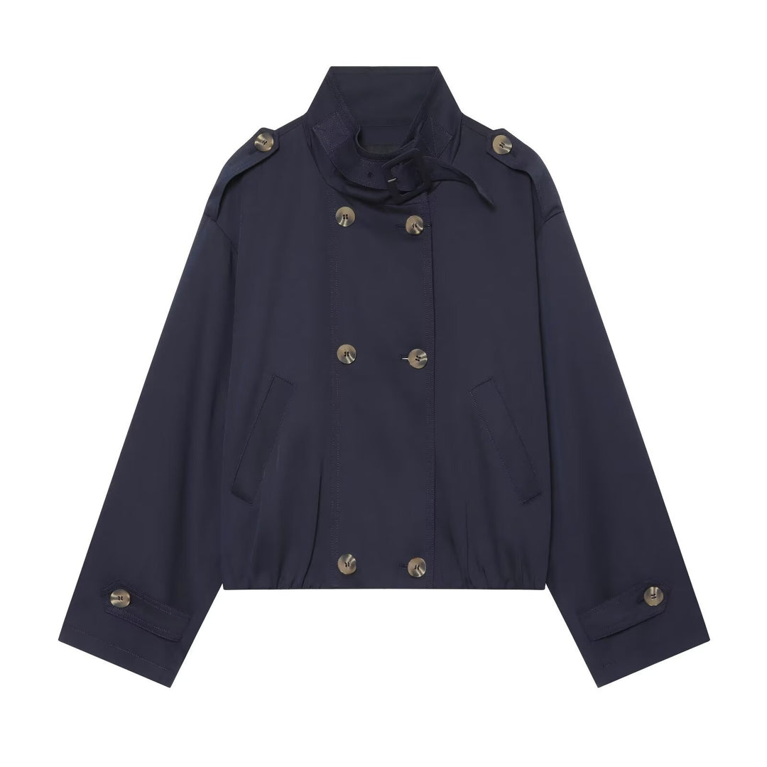 Women's short double-breasted trench bomber jacket with stand-up collar, tab, and elastic hem Mune Fashion