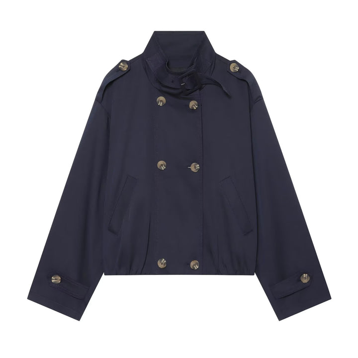 Women's short double-breasted trench bomber jacket with stand-up collar, tab, and elastic hem Mune Fashion
