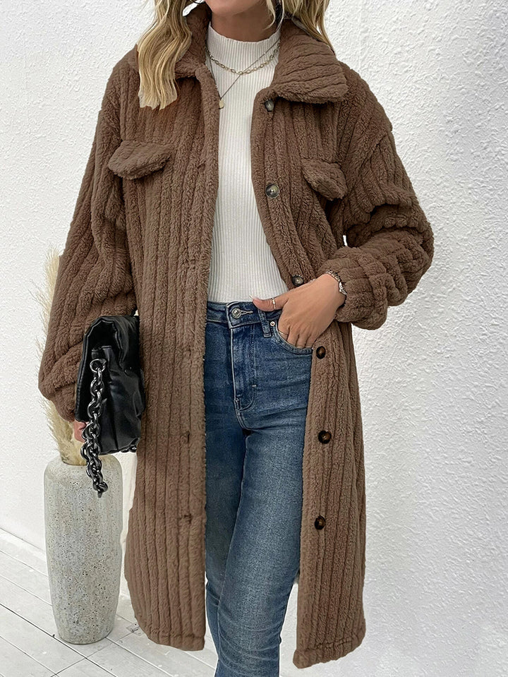 Women's longer teddy coat with shawl collar and patch breast pockets Mune Fashion