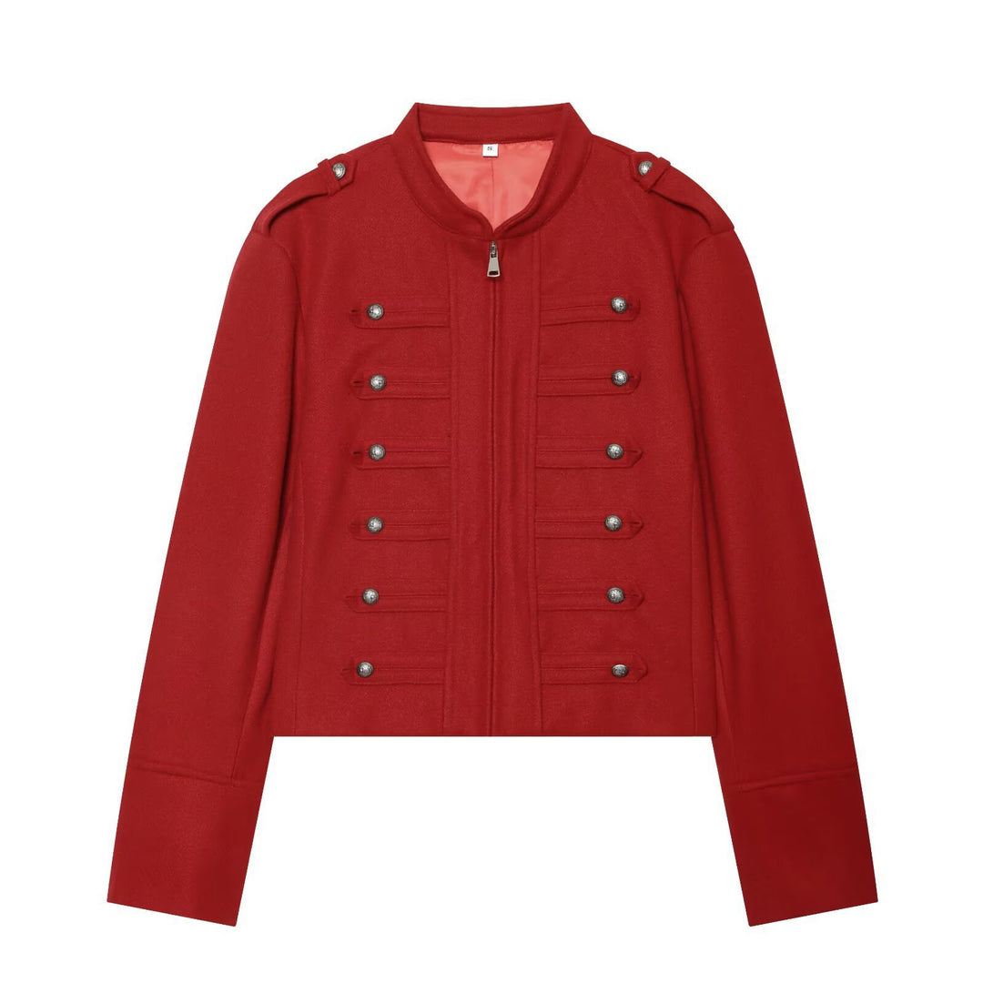 Women's Military Inspired Cropped Wool Blend Jacket with Decorative Button Placket and Stand-Up Collar Mune Fashion