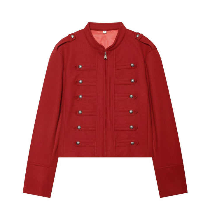 Women's Military Inspired Cropped Wool Blend Jacket with Decorative Button Placket and Stand-Up Collar Mune Fashion