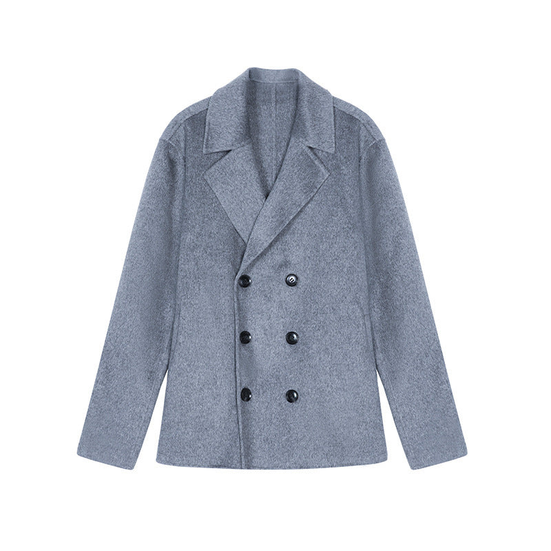 Men's Short Double-Breasted Wool Blend Peacoat with Notch Collar and Thermal Lining Mune Fashion