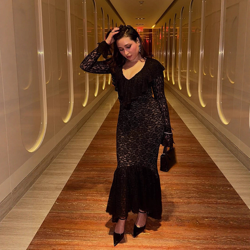 Women's Fitted Lace Maxi Dress with Ruffle Collar and Bell Hem Mune Fashion