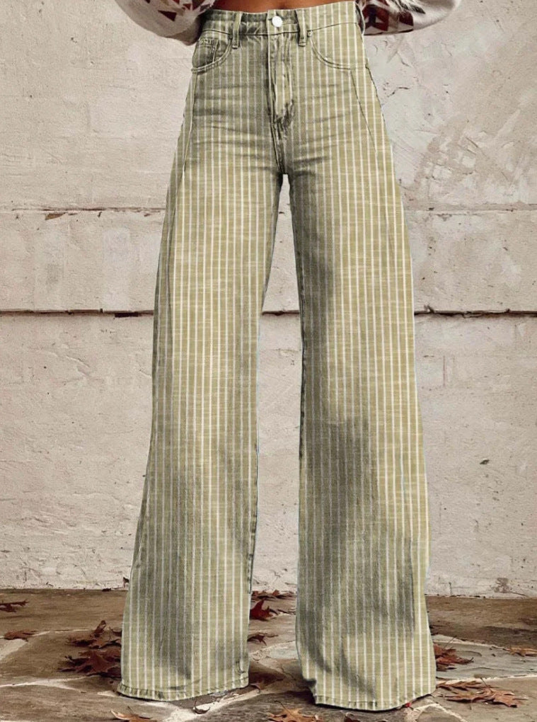 Women's wide trousers with a high waistband in linen look and vertical pinstripes flared trousers Mune Fashion