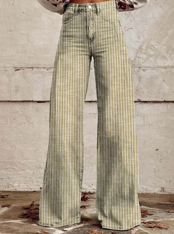 Women's wide trousers with a high waistband in linen look and vertical pinstripes flared trousers Mune Fashion