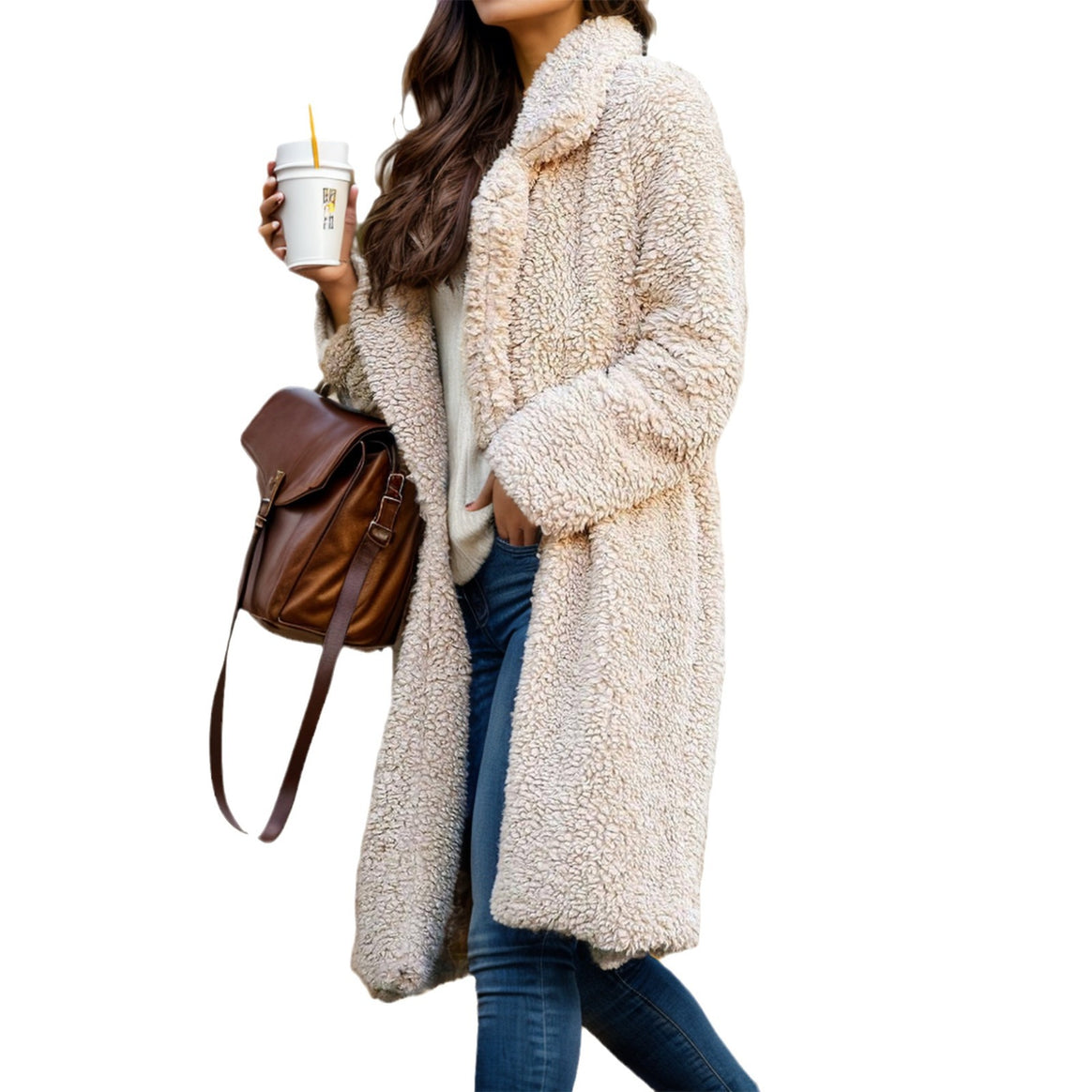 Women's Long Teddy Coat made of Faux Fur with Oversize Cut and Shawl Collar Mune Fashion