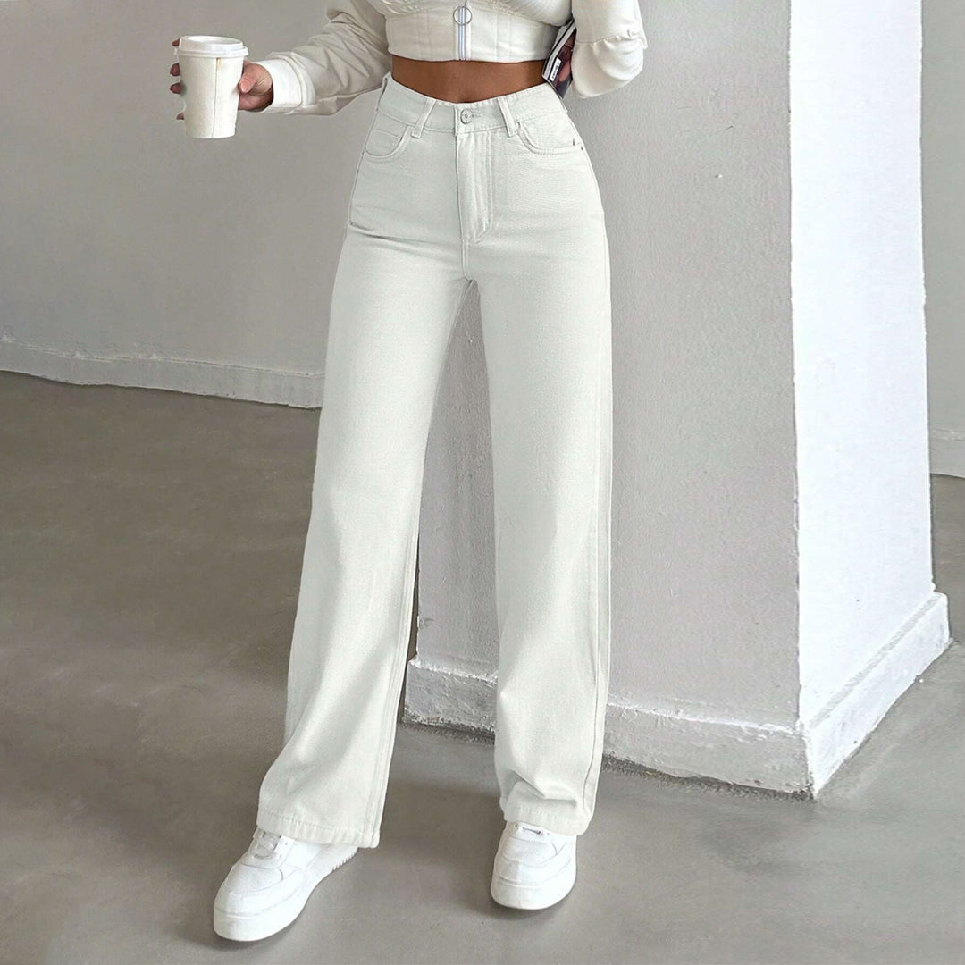 Women's High-Waisted Wide Five-Pocket Pants Made of Stretch Denim with Flared Leg Mune Fashion