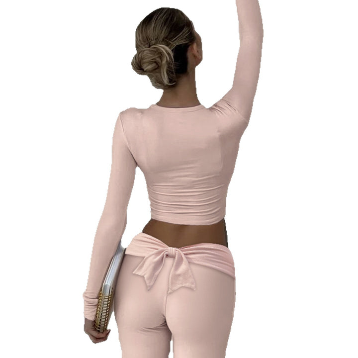 Ladies nan Cropped-Longsleeve with decorative bow front, V-neck and figure-hugging fit Mune Fashion