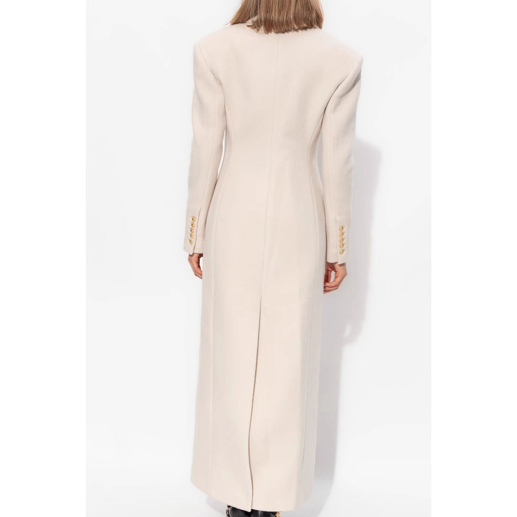 Women’s long-cut wool coat with tailored fit and golden buttons Mune Fashion