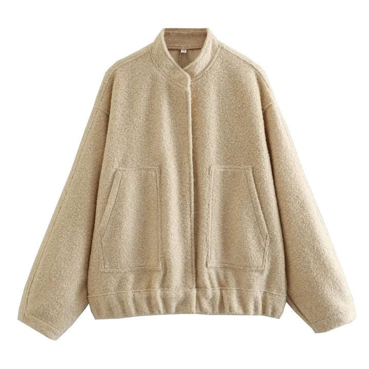 Women's Oversize Fleece Jacket with Stand-Up Collar, Patch Front Pockets, and Elastic Hem Mune Fashion