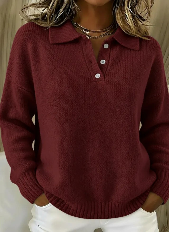 Women's cozy polo collar sweater with short button placket and ribbed cuffs Mune Fashion
