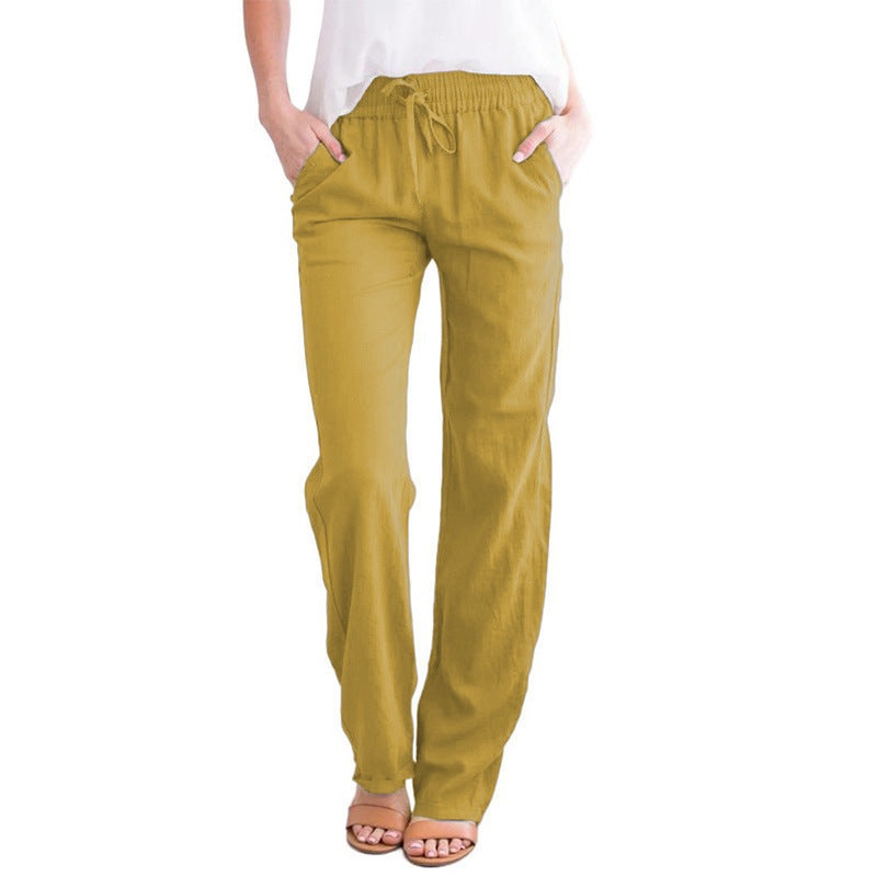 Women Light Linen Look Palazzo Pants with Elastic Waist, Drawstring and Side Pockets Mune Fashion