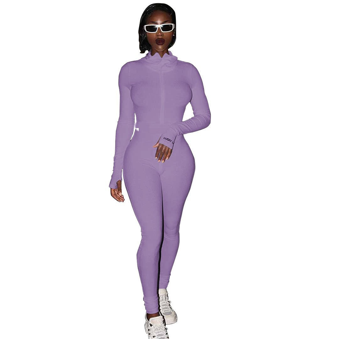 Women Figure-hugging Ribbed Knit Overall with Stand-up Collar and Front Zipper Mune Fashion