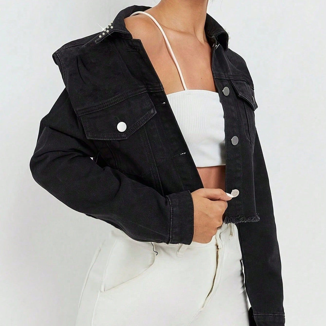 Women Cropped Denim Jacket with Beaded Collar and Raw Fringe Hem Mune Fashion