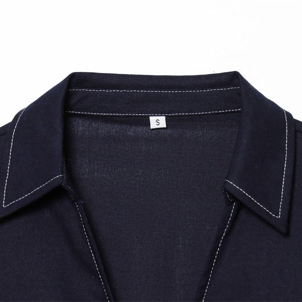 Women Boxy Shirt Blouse with Open V-Neck, Short Oversized Sleeve and Contrast Stitch Mune Fashion