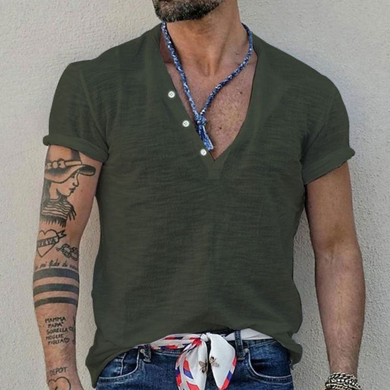 Men's short sleeve Henley style shirt made of slub cotton jersey with short button placket Mune Fashion