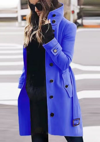 Women's tailored wool blend coat with stand-up collar, flap pockets, and adjustable waistband Mune Fashion