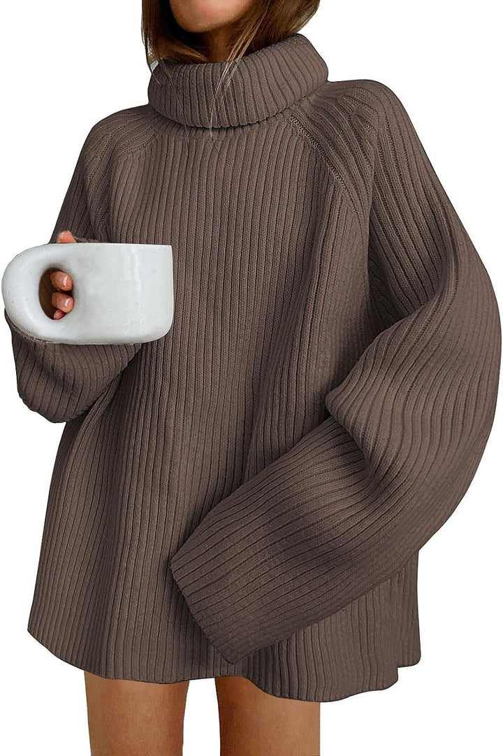 Women’s Oversize Pullover Dress made of Rib Knit with High Roll Neck and Voluminous Sleeves Mune Fashion