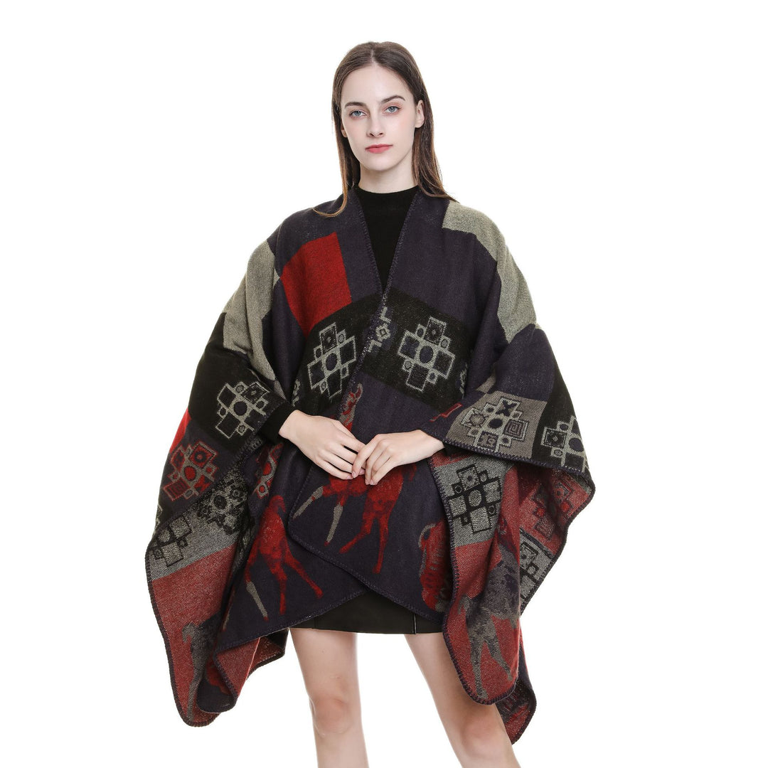 Women's Oversized Jacquard Cape Poncho with Ornamental Weaving Structure Mune Fashion