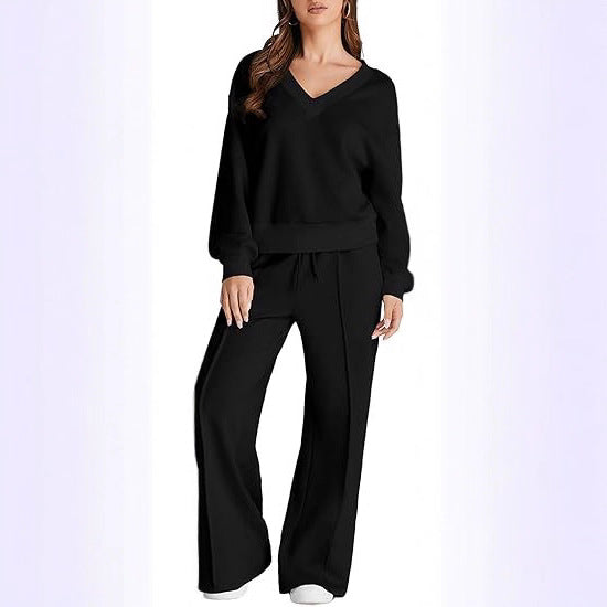 Women's Casual V-Neck Leisure Set with Wide Jogging Pants Mune Fashion