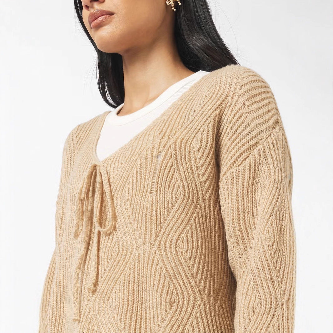 Women's Oversized Knit Sweater with V-Neck, Drawstring, and Diamond Pattern Drune