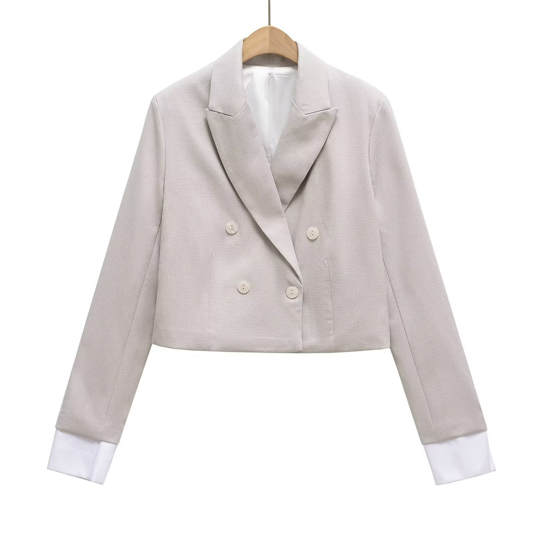 Women Cropped Double-Breasted Blazer with Lapel Collar Mune Fashion
