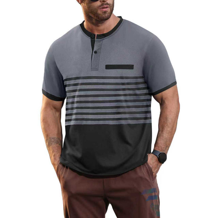 Men's short-sleeved Henley top with short button placket, chest piping, and block stripes Mune Fashion