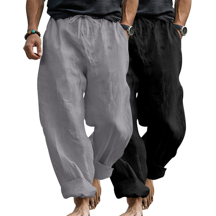 Men's Wide Comfort Casual Pants Made of Linen Blend with Drawstring, Side Pockets and Cuffed Mune Fashion