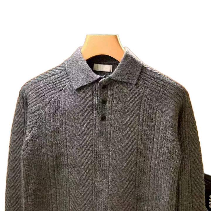 Men's fine-knit polo sweater with half-button placket and cable pattern Mune Fashion