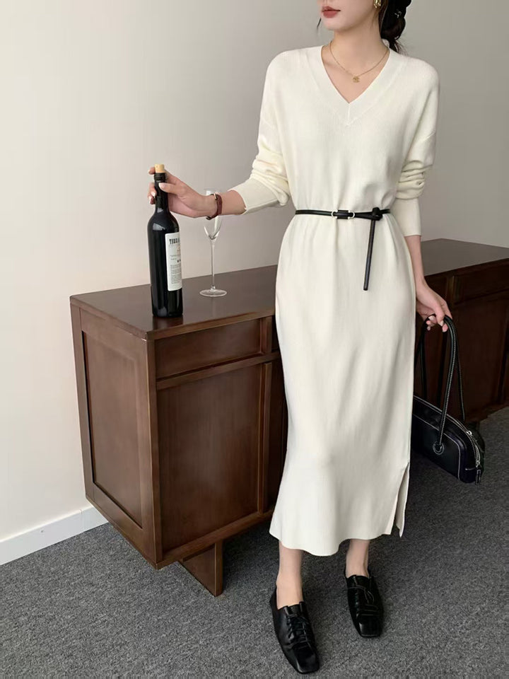 Women Long Fine Knit Midi Dress with V-Neck, Side Slit, and Relaxed Silhouette Mune Fashion