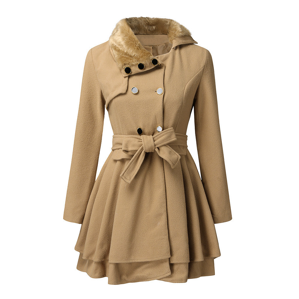 Women's Tailored Wool Mix Coat with Flared Skirt and Faux Fur Collar Mune Fashion