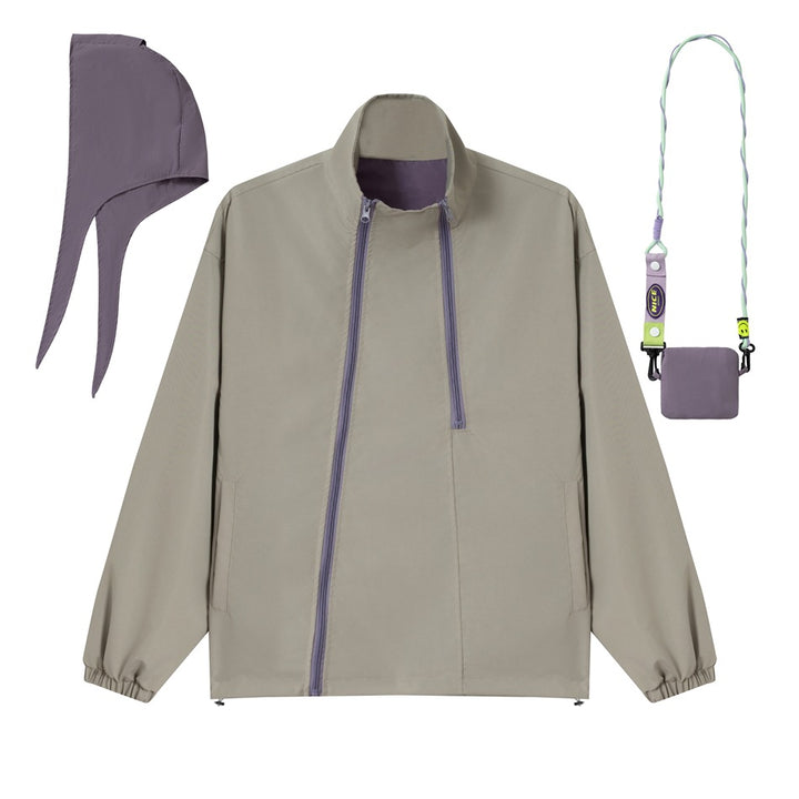 Unisex short cut technical windbreaker with asymmetric two-way zipper, detachable storm hood and shoulder mini bag Mune Fashion