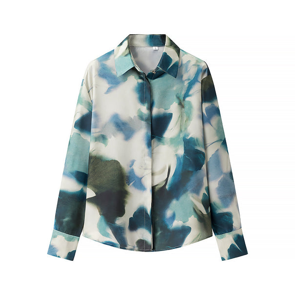 Women nan silky long-sleeve blouse with concealed button placket, shirt collar and abstract watercolor print Mune Fashion