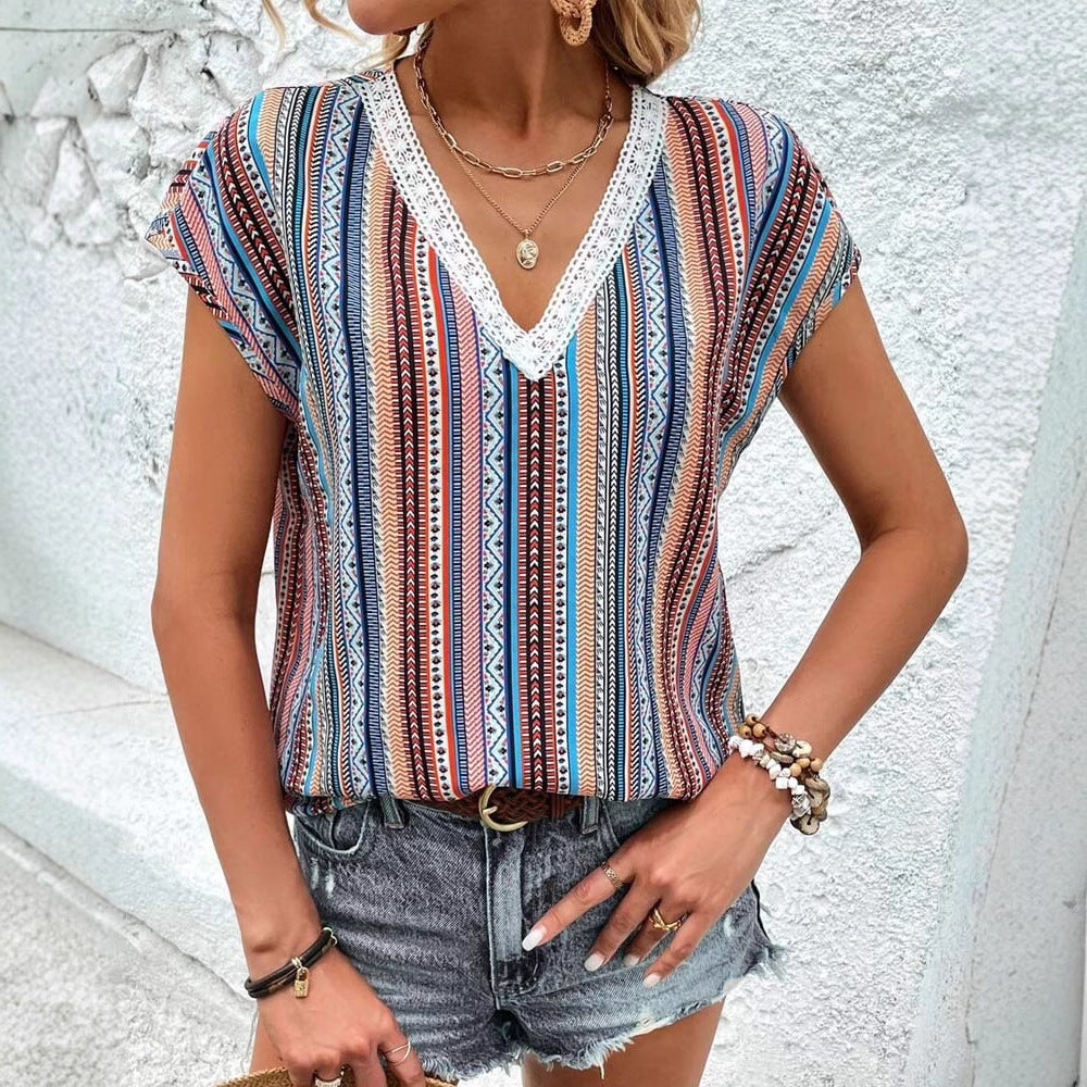 Women's light V-neck top with ethnic stripe pattern and crochet trim Mune Fashion