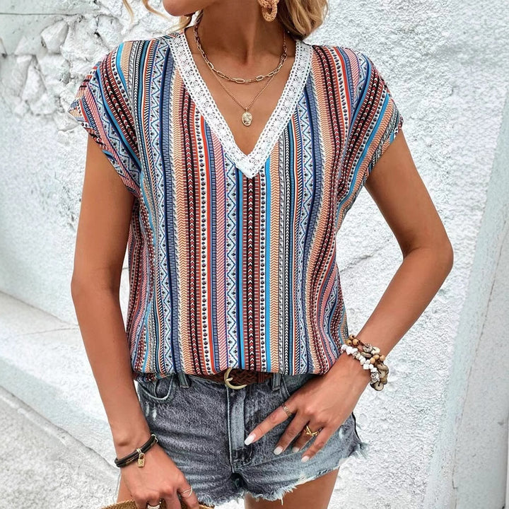Women's light V-neck top with ethnic stripe pattern and crochet trim Mune Fashion