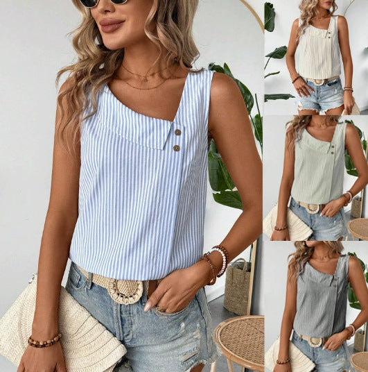 Women's Sleeveless Striped Cropped Linen Top with Asymmetrical Collar and Decorative Buttons Mune Fashion