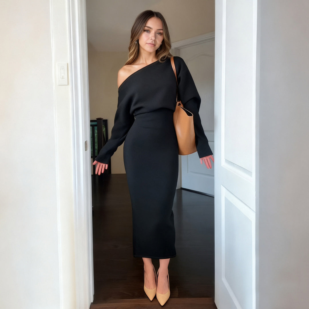 Women nan figure-hugging midi dress with batwing sleeves and tailored yoke Mune Fashion