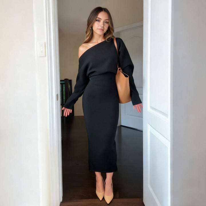 Women nan figure-hugging midi dress with batwing sleeves and tailored yoke Mune Fashion