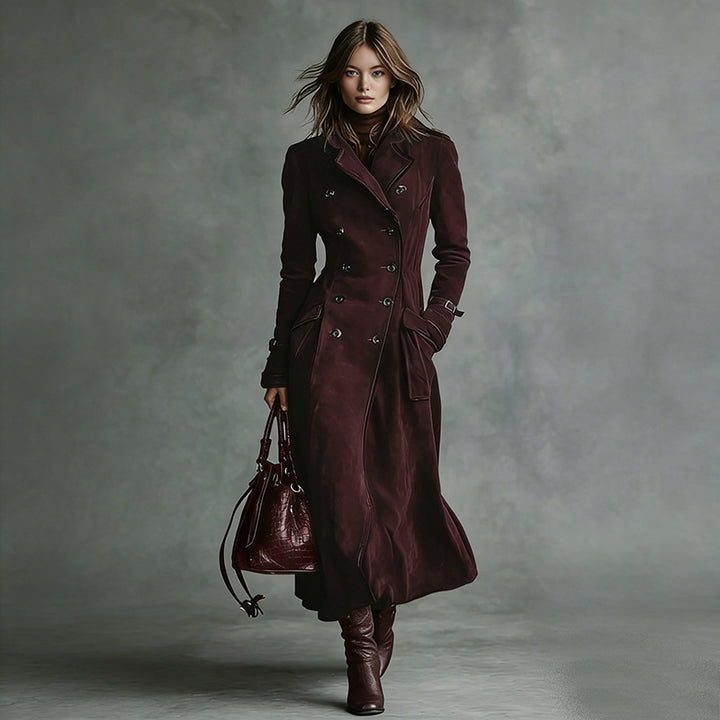 Women Longer Tailored Trench Coat in Suede Look with Double-Breasted Button Placket and Buckle Cuffs Mune Fashion