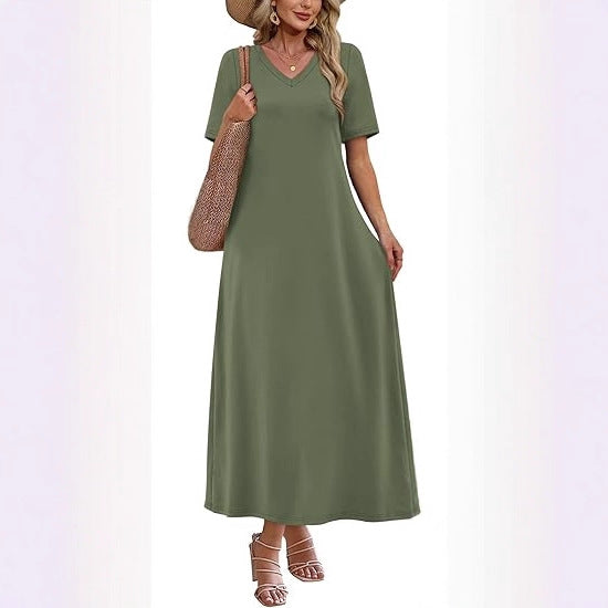 Women's Long A-Line Maxi Dress with V-Neck, Short Sleeves and Side Pockets Mune Fashion