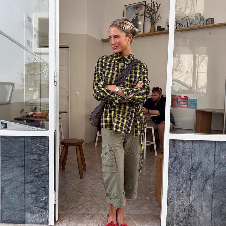 Ladies Checked Shirt Blouse with Drawstring Waist and Loose Fit Mune Fashion