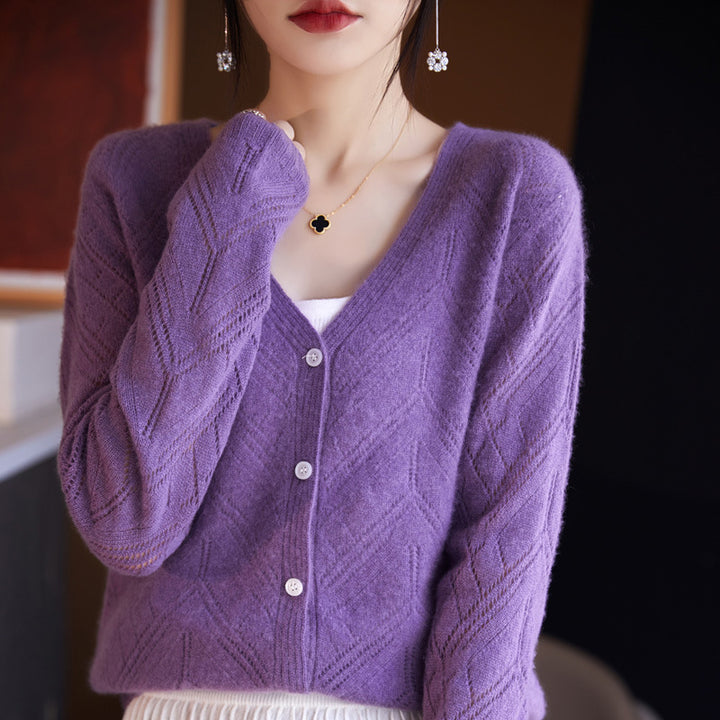Women's Light Openwork Cardigan with Geometric Hole Structure and Boxy Short Form Mune Fashion