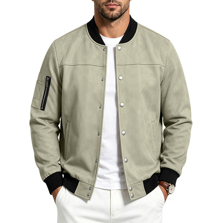 Men's Suede-Look Bomber Jacket with Snap Button Placket, Arm Pocket and Ribbed Cuffs Mune Fashion