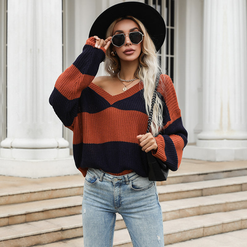Women's Striped Oversize V-Neck Sweater in Chunky Knit Mune Fashion