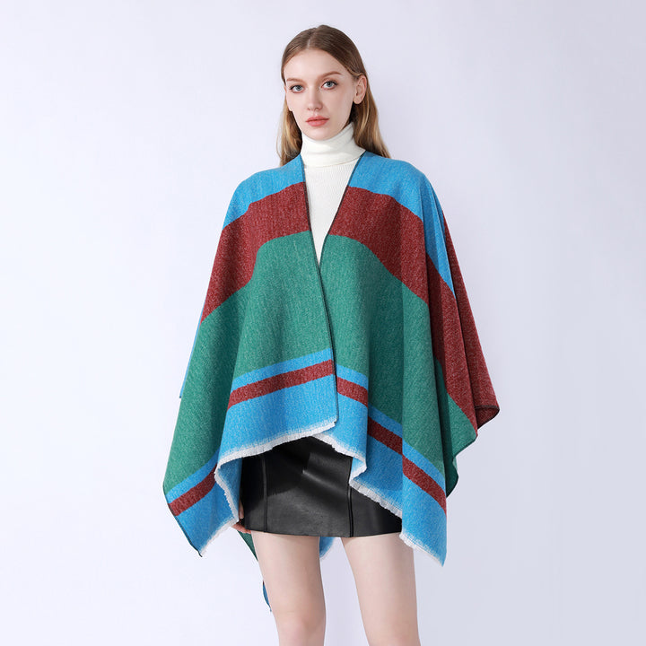 Women's Lightweight Cape Poncho made of fine knit with geometric block stripe design Mune Fashion