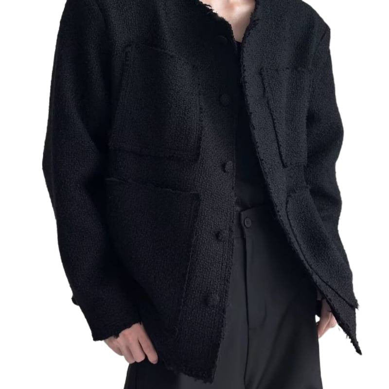 Women's Oversized Boucle Jacket without Collar with Patch Pockets and Raw Edge Details Mune Fashion