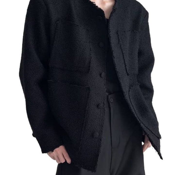 Women's Oversized Boucle Jacket without Collar with Patch Pockets and Raw Edge Details Mune Fashion