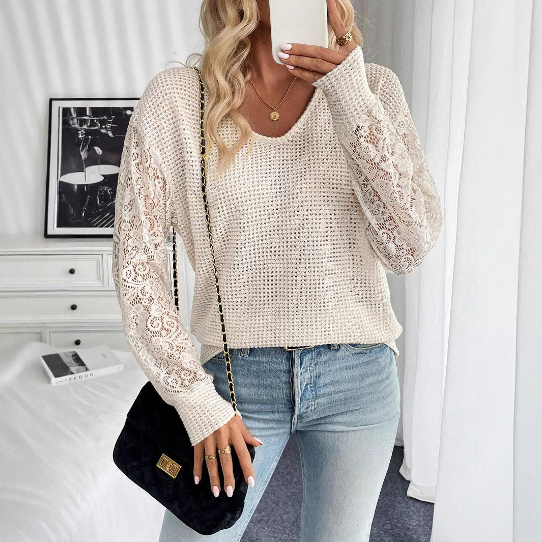 Women's slightly tailored waffle knit sweater with floral lace inserts on the sleeves Mune Fashion