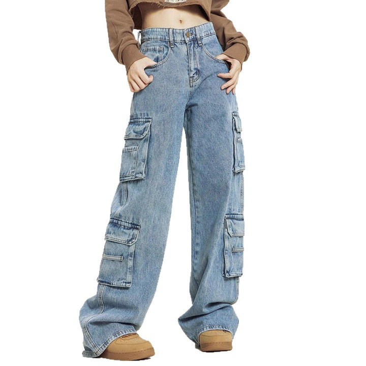 Women's Loose Cargo Denim Jeans with Multiple Flap Pockets and Relaxed Fit Mune Fashion