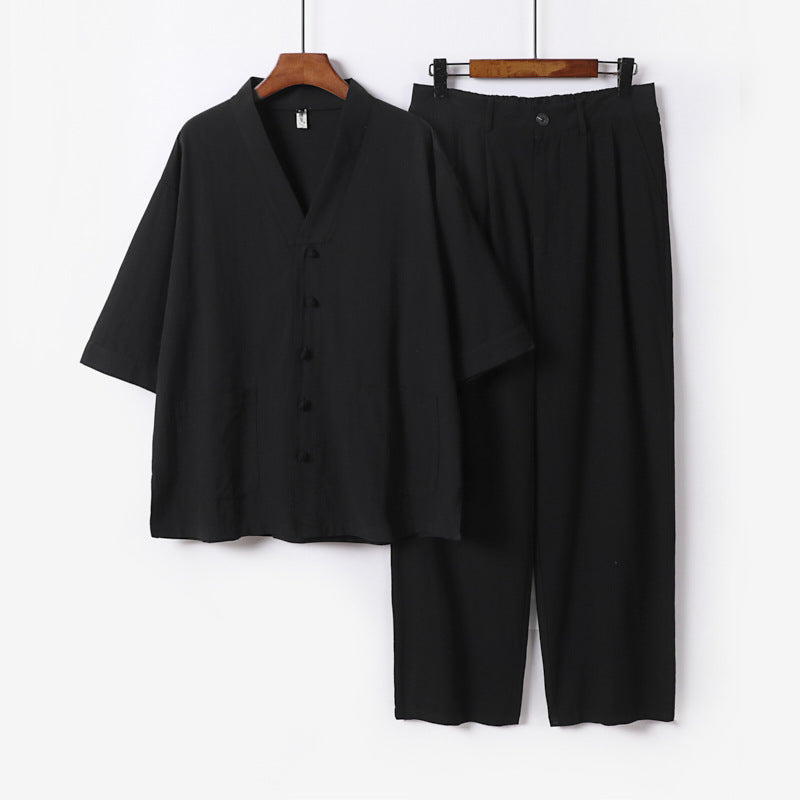 Unisex Zen-inspired Relax Set with short sleeve kimono top, concealed button placket, and elastic waistband pants Mune Fashion